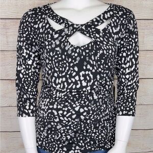 Jennifer Lopez Large Black & White Cross Neck Ruched Knit Business Casual Blouse